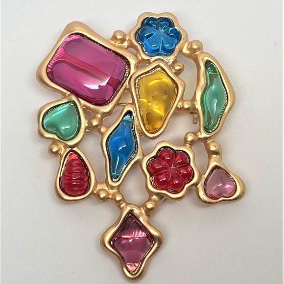 Gorgeous Vibrant Multi Color Resin Cabochon Gold Plated Pin Brooch - Picture 4 of 4